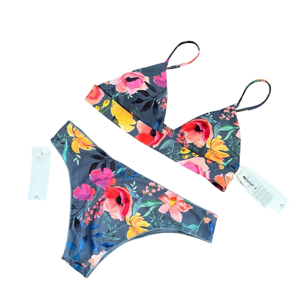 Rip Curl Floral My Bikini Set Grey Multi Cheeky Size M NWT